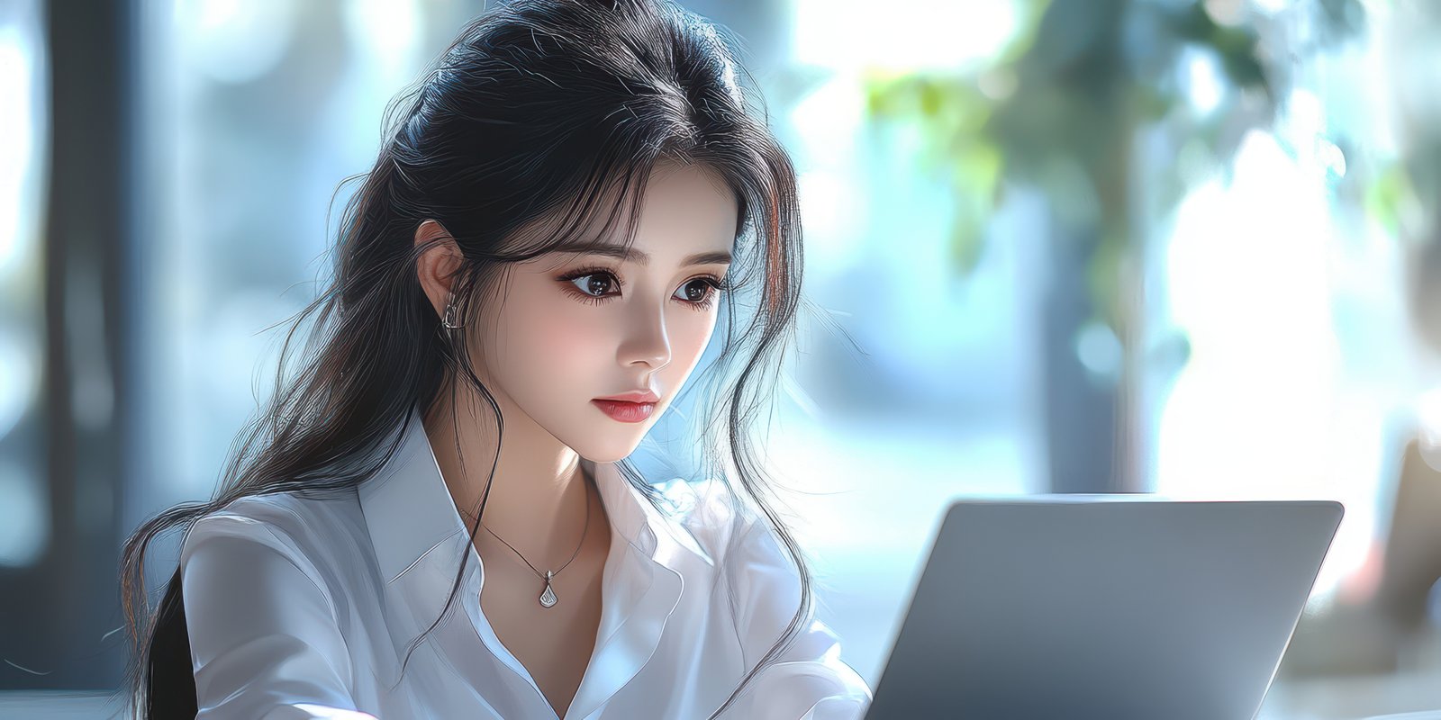Young woman focused on work in a bright modern cafe during the day